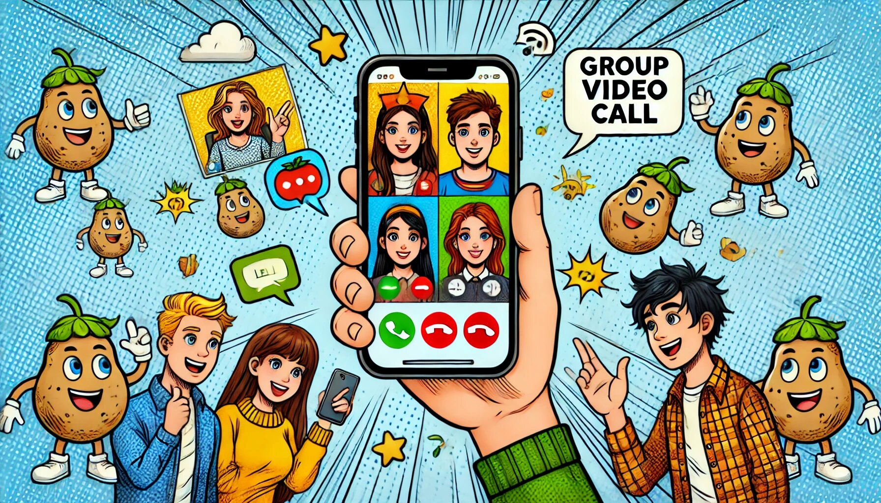 DALL·E 2025-03-03 17.51.15 - A comic-style image of a group video call feature from PotatoChat, showing cartoon characters interacting with each other on their smartphones. The ba_proc.jpg