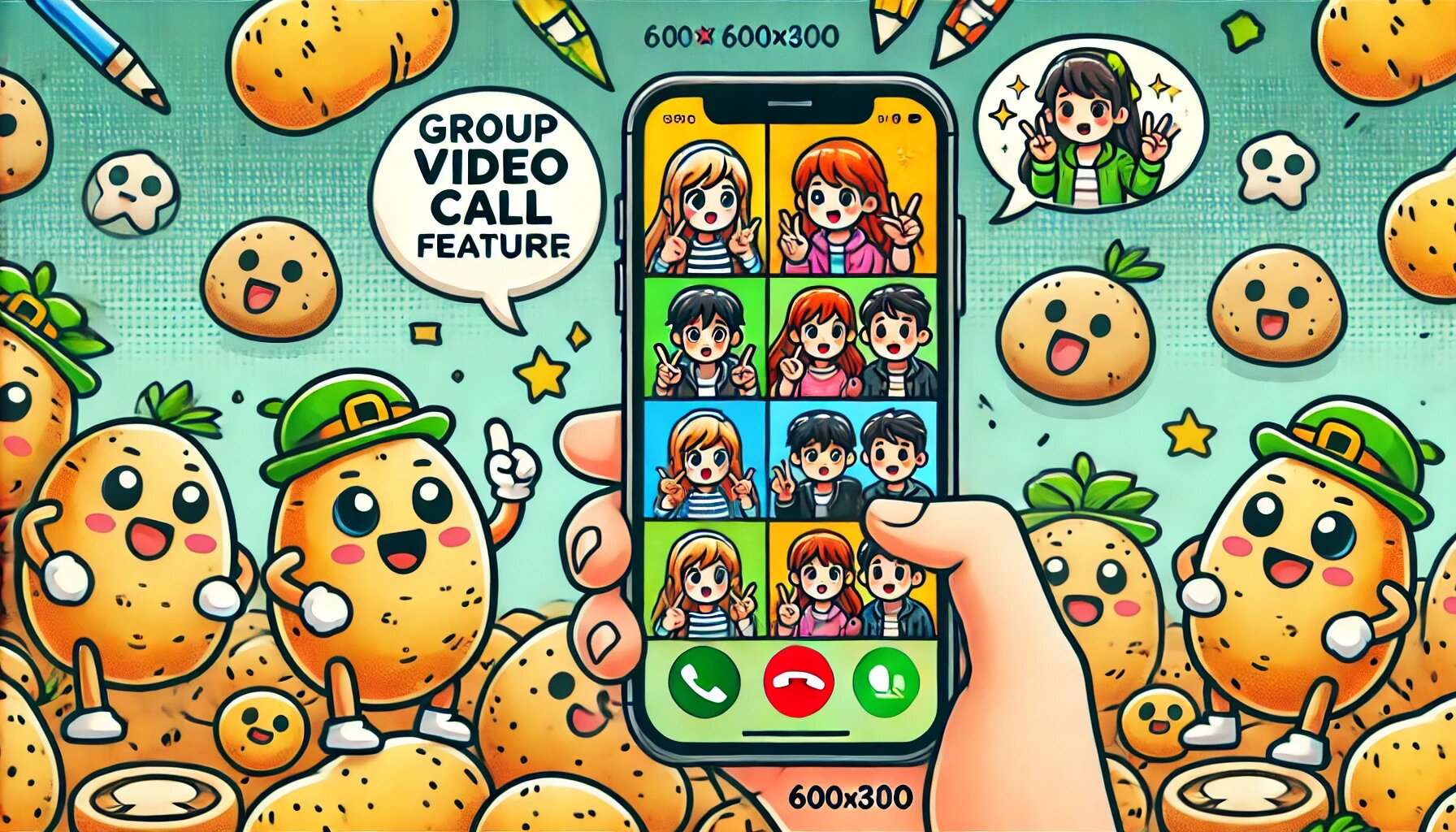 DALL·E 2025-03-04 18.00.45 - A comic-style image of a group video call feature from PotatoChat, showing cartoon characters interacting with each other on their smartphones. The ba_proc.jpg